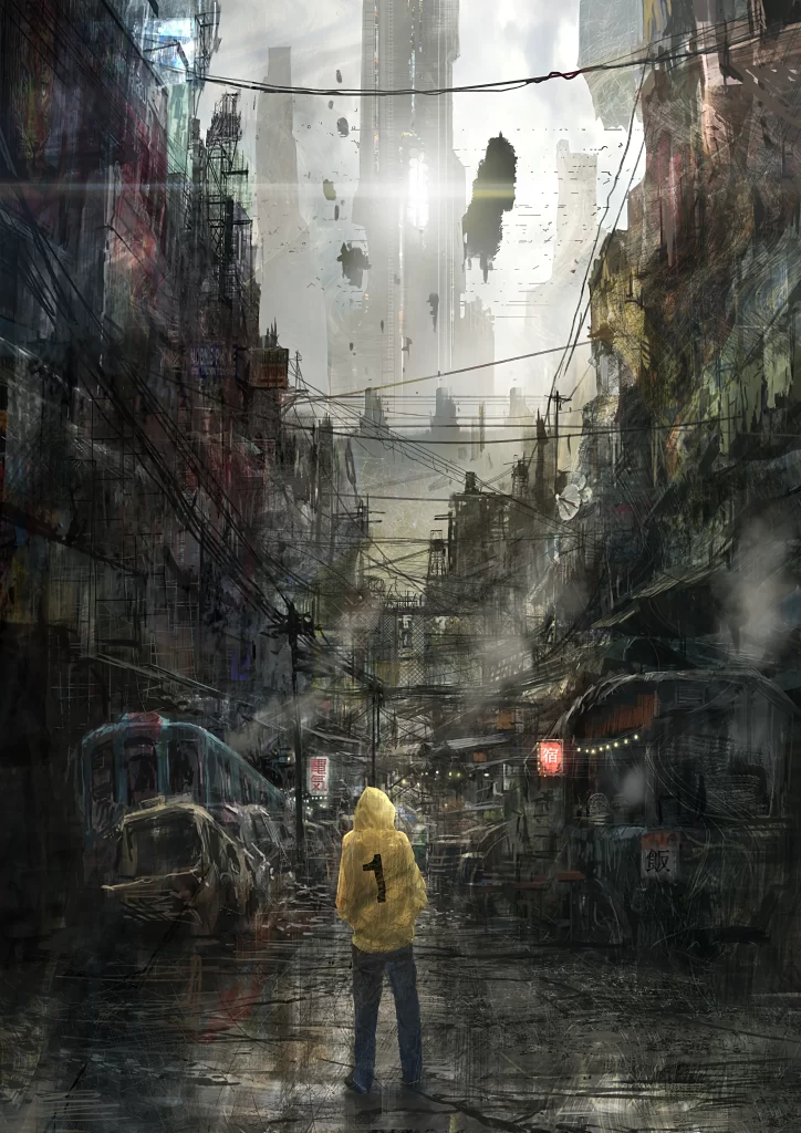 Urban Landscape Yellow Hoodie Dark Tones
