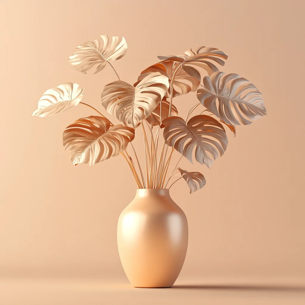 vase yellow leaves paper art orange monstera 3D
