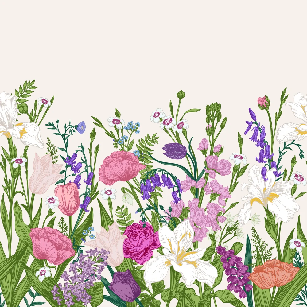 Vibrant botanical bouquet tulips irises poppies illustration