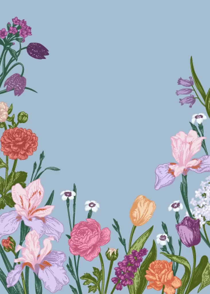 Vibrant Floral Border Irises Tulips Roses on Blue