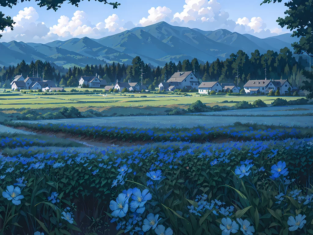 Village Blue Flowers Greenery Mountains Pastel