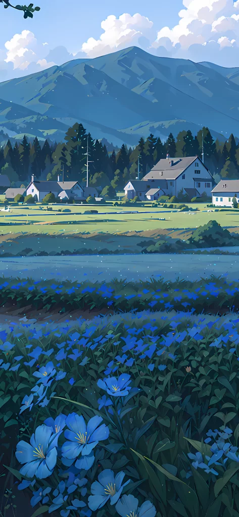 Village Blue Flowers Greenery Mountains 2