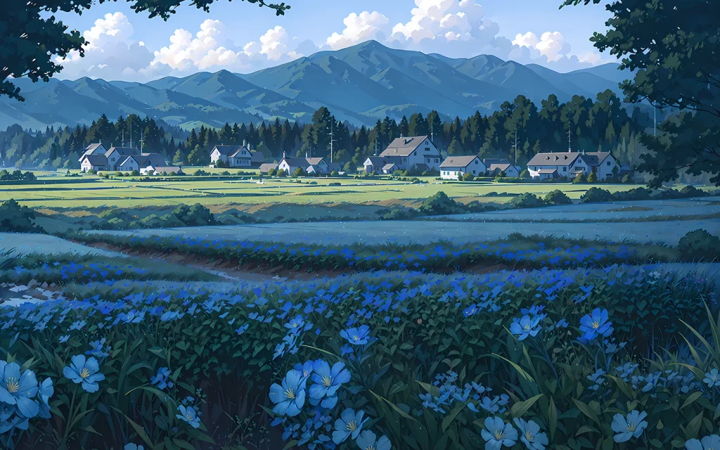Village Mountains Blue Flowers Greenery Pastel