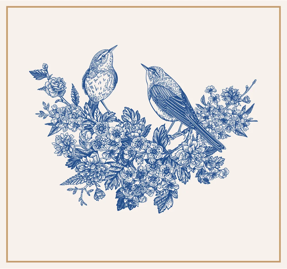 Vintage blue and cream bird illustration on flowers