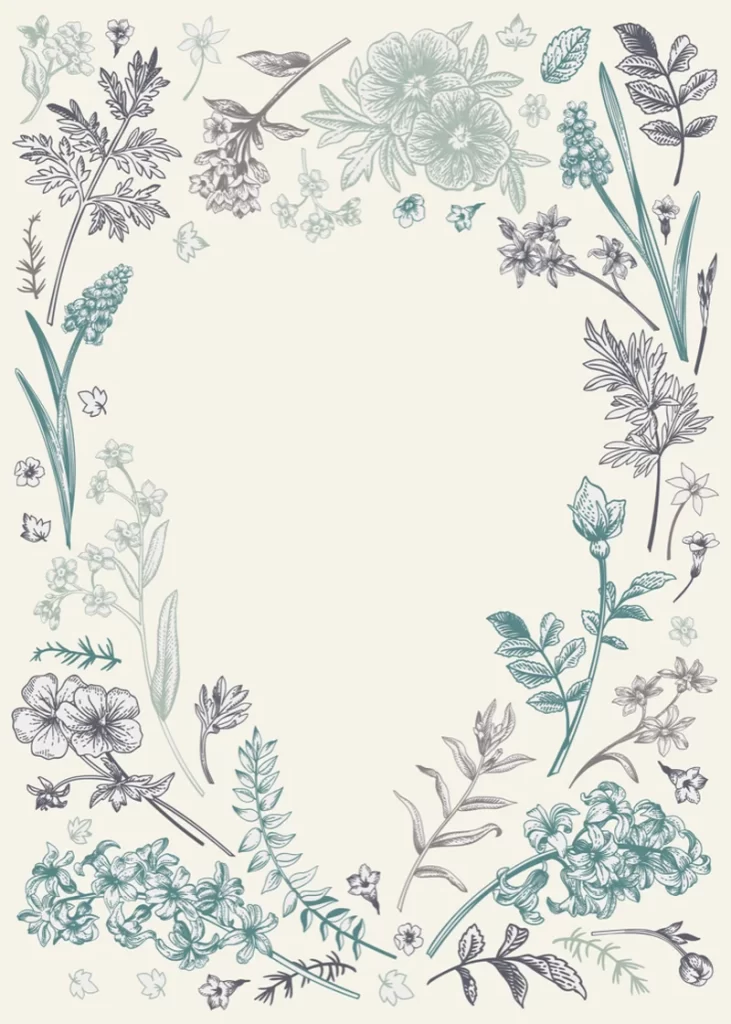 Vintage Botanical Floral Border Green and Blue Pastel