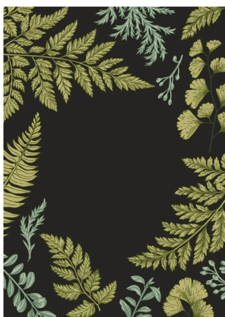 Vintage Circular Fern Botanical Illustration on Black