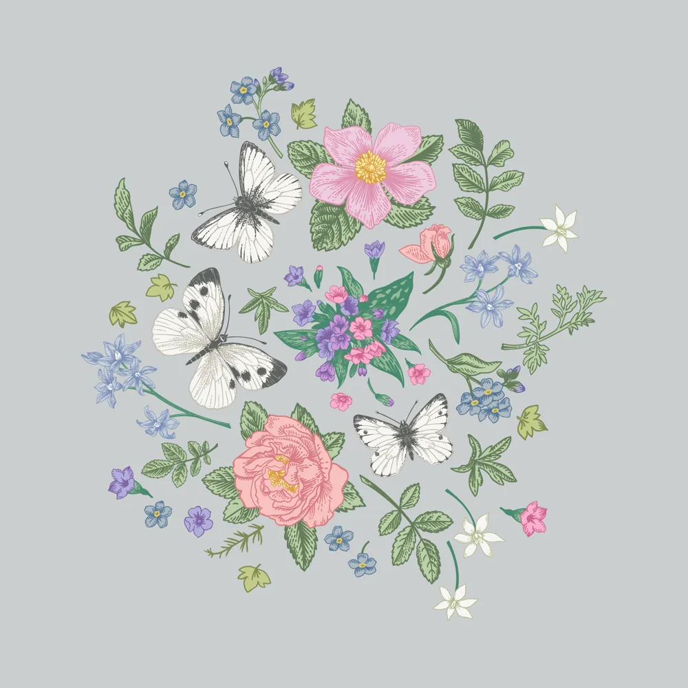 Vintage Circular Floral Arrangement with Roses and Butterflies