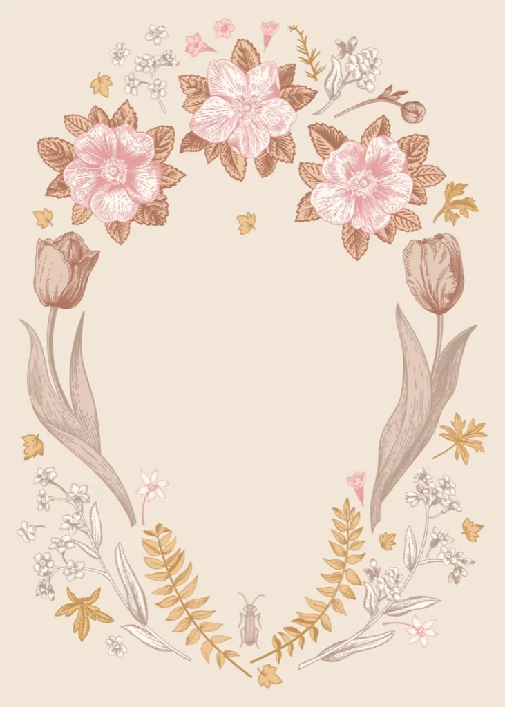 Vintage Floral Wreath Pastel Pink Botanical Line Art