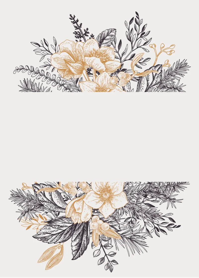 Vintage golden floral bouquet black and white line art