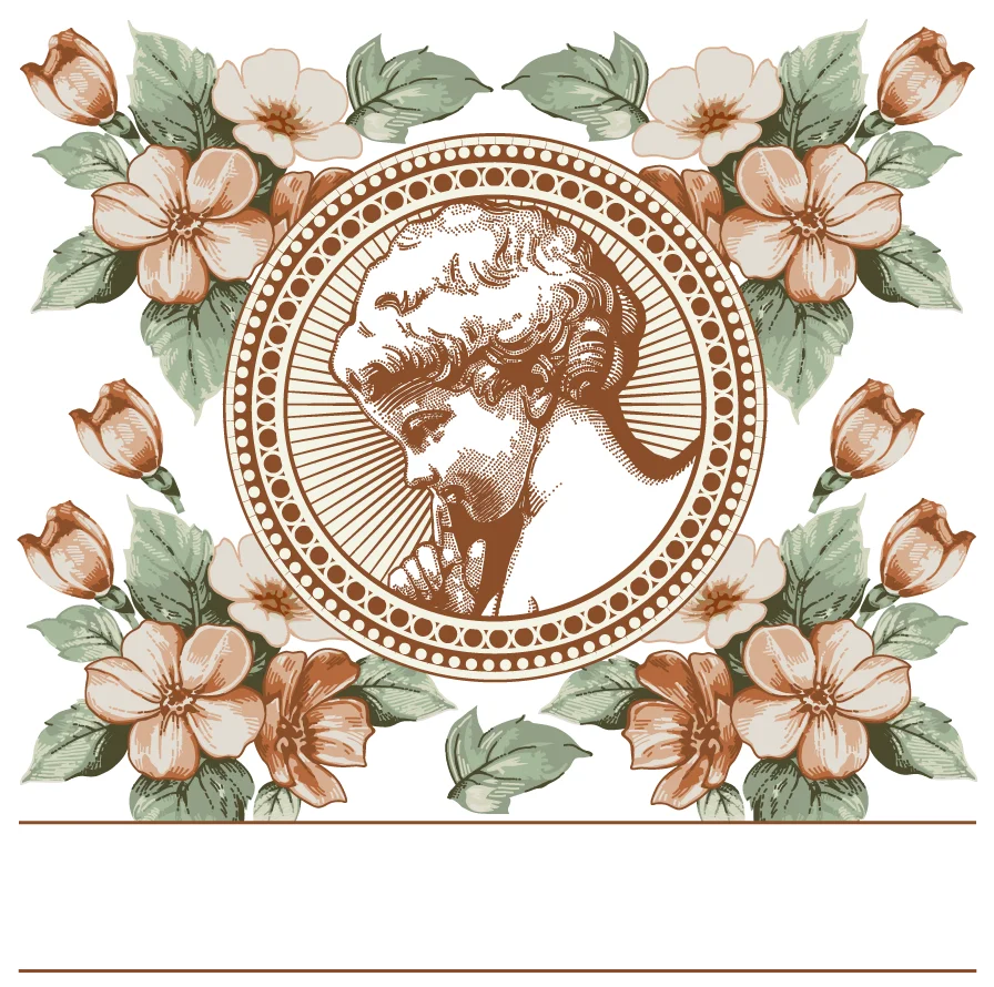 Vintage ornamental cherub medallion with roses illustration