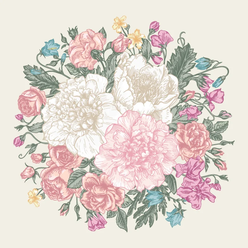 Vintage peony rose bouquet pastel botanical illustration