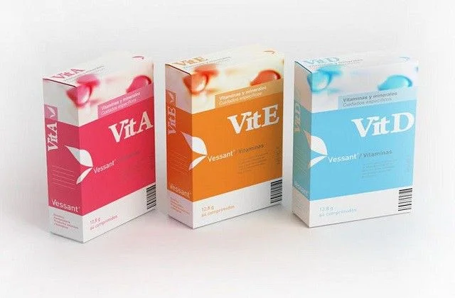 Vitamin Box Red Orange Blue Leaf Design