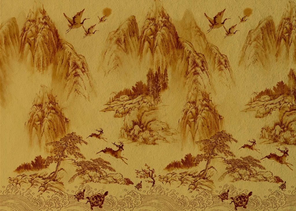 Wallpaper Landscape Mountains Trees Animals Sepia Traditional