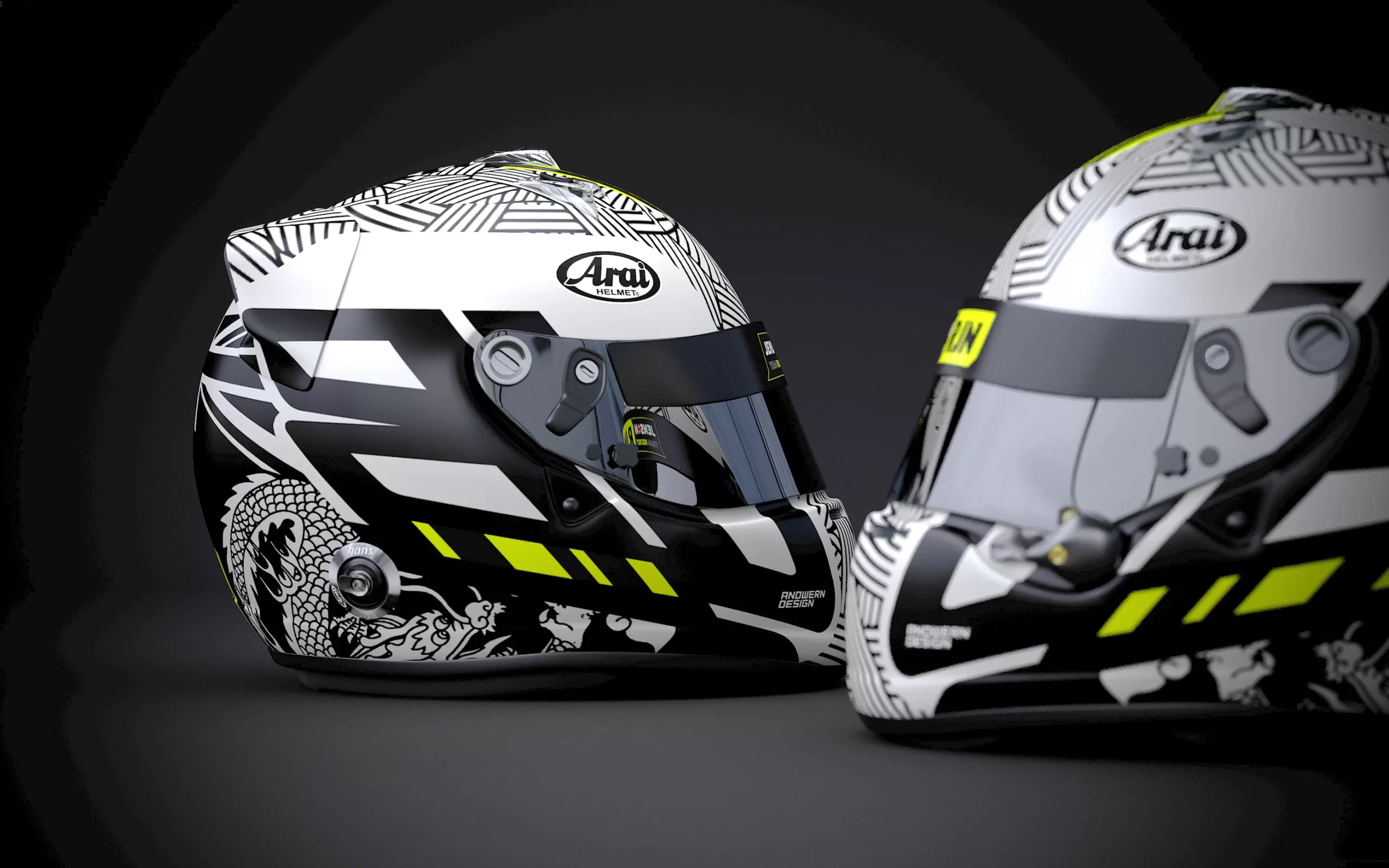 White and black dragon Arai motorcycle helmet design