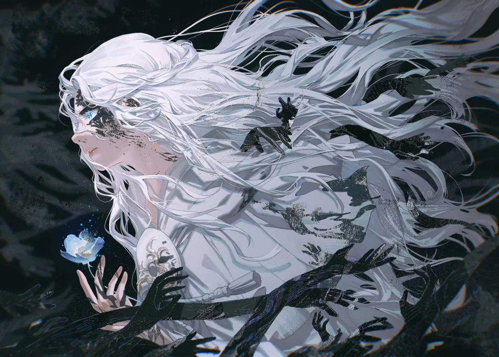 White Haired Woman Blue Flower Dark