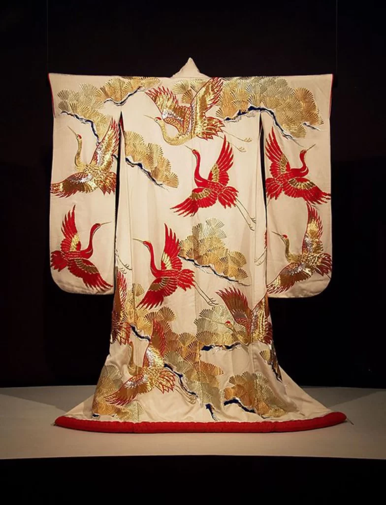 White Red Crane Gold Embroidery Kimono