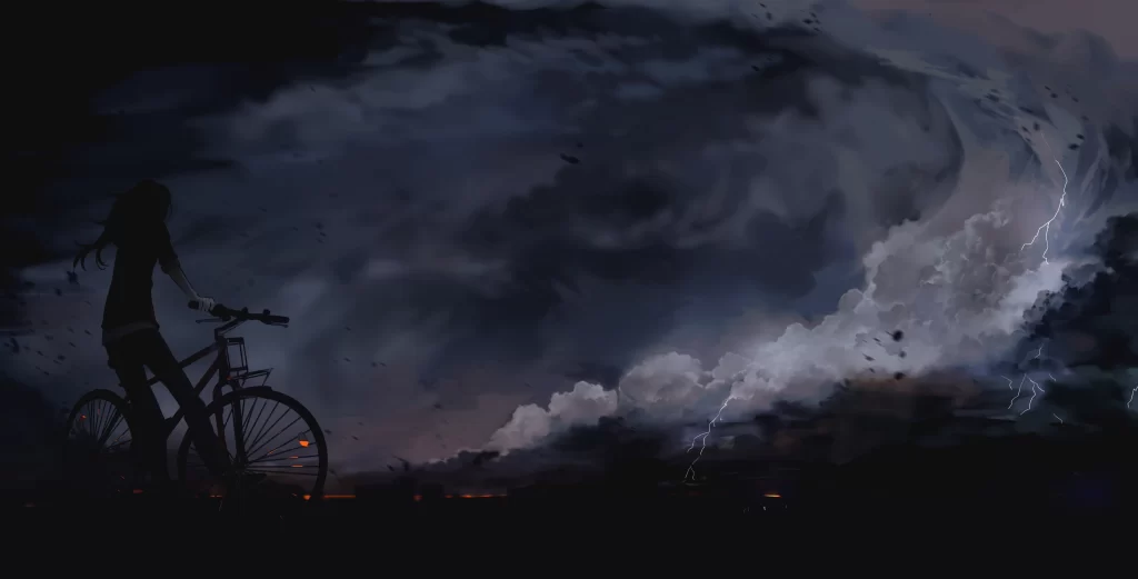 Woman Bicycle Dark Blue Lightning Stormy