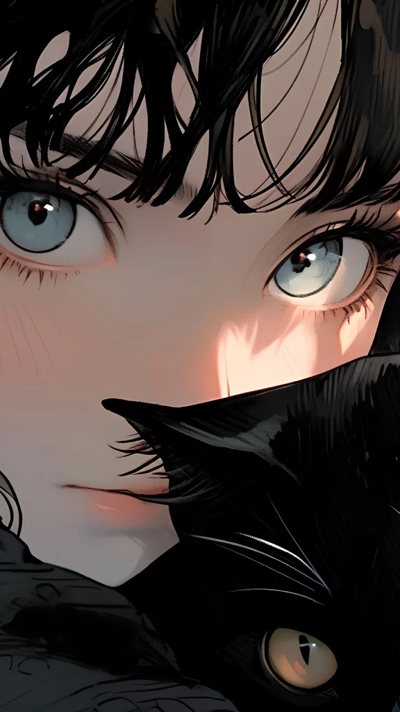 Woman Black Cat Blue Eyes Black