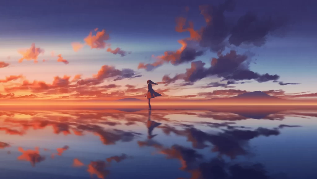 Woman Black Hair Dress Sunset Reflection