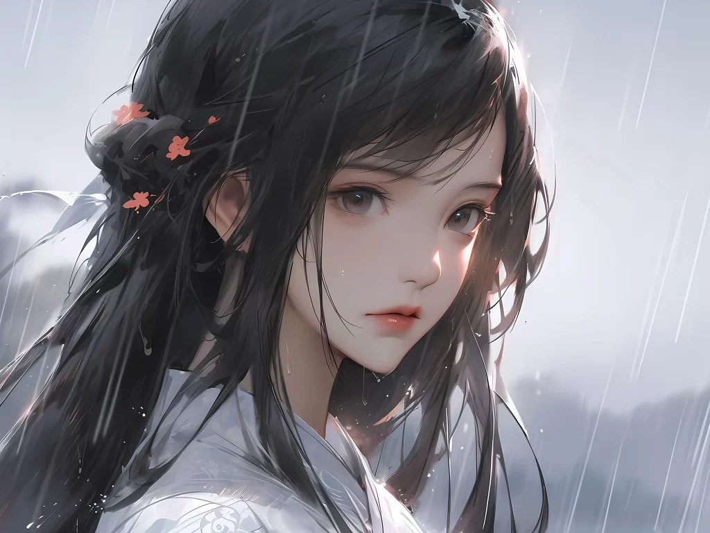 Woman Black Hair Red Flowers White