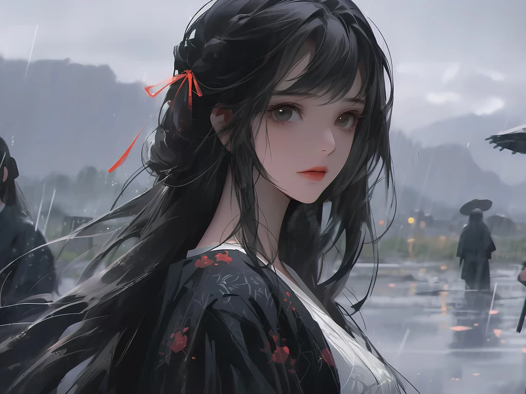 Woman Black Hair Red Ribbon Traditional