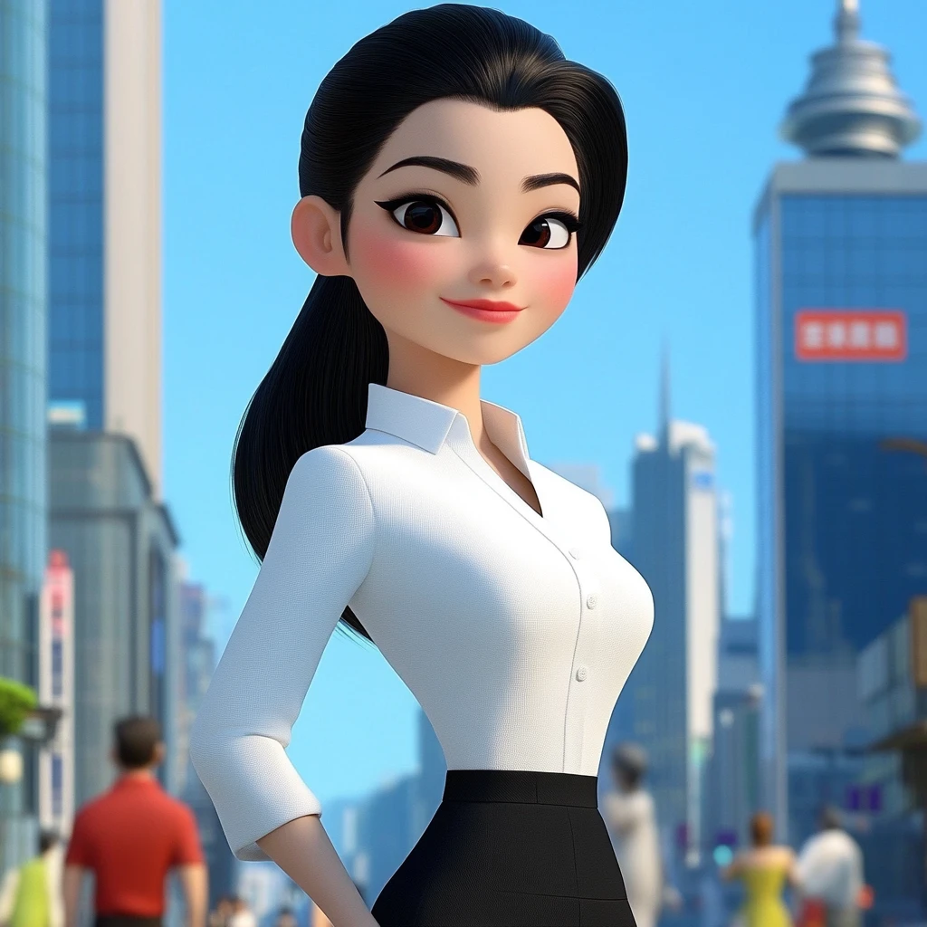Woman Black Hair White Blouse Black Skirt City Street 3d Animation
