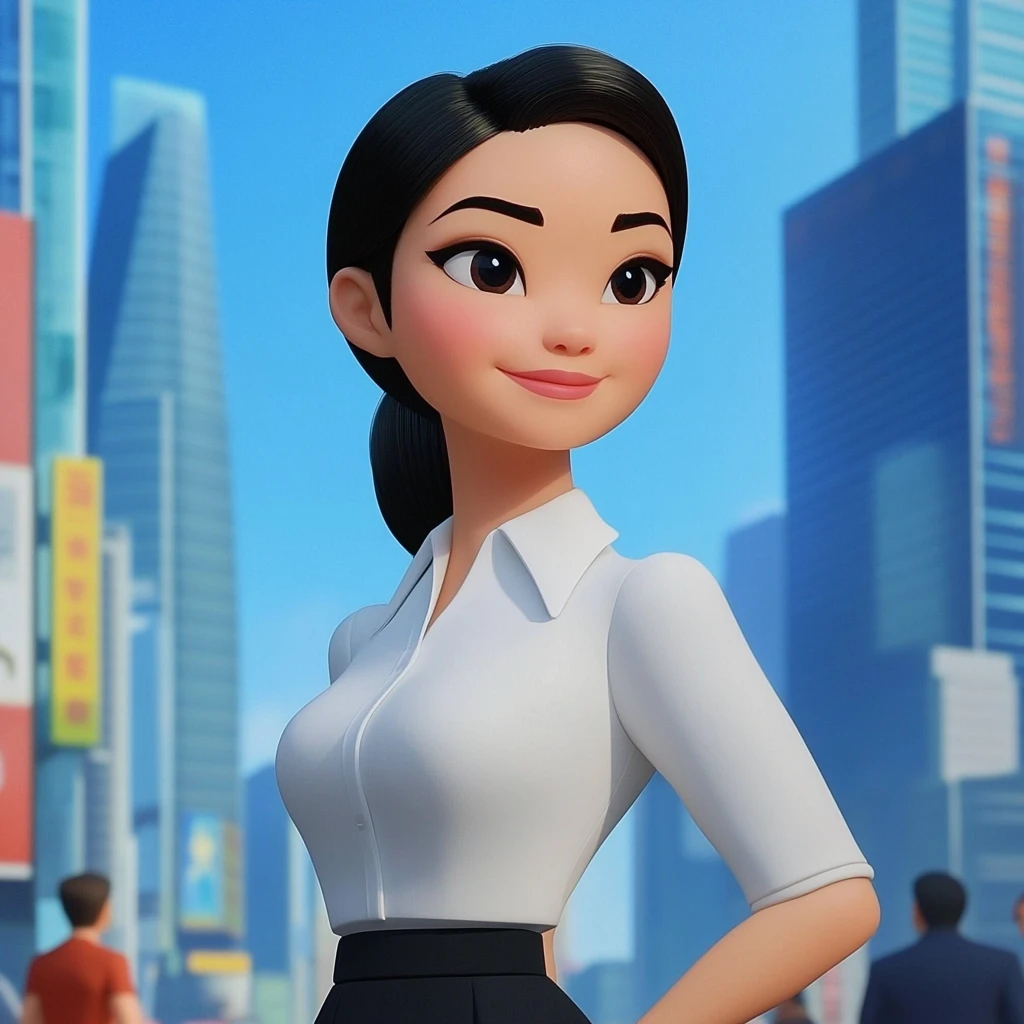 Woman Black Hair White Blouse Black Skirt Cityscape 3d Animation