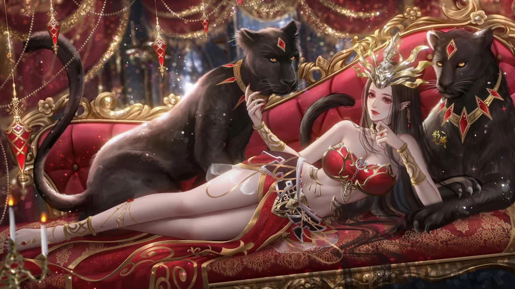 Woman Black Panthers Red Gold Fantasy