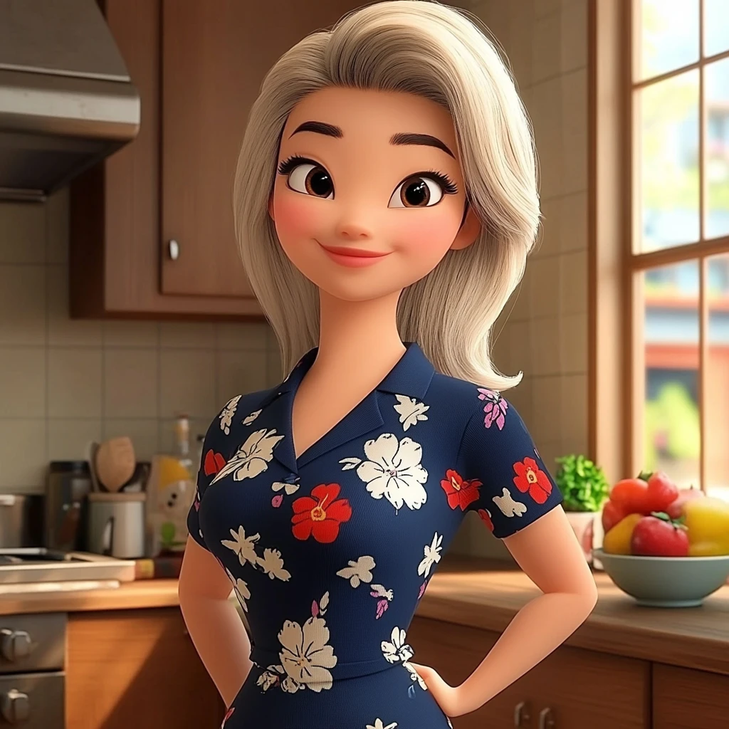 Woman Blonde Floral Dress Kitchen 3d Cartoon Animation