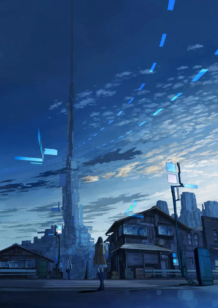 Woman Blue Sky Neon Lights Urban