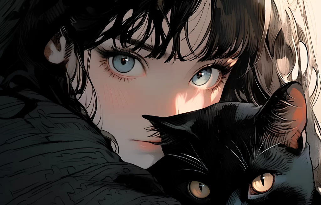 Woman Cat Black Brown Blue Eyes