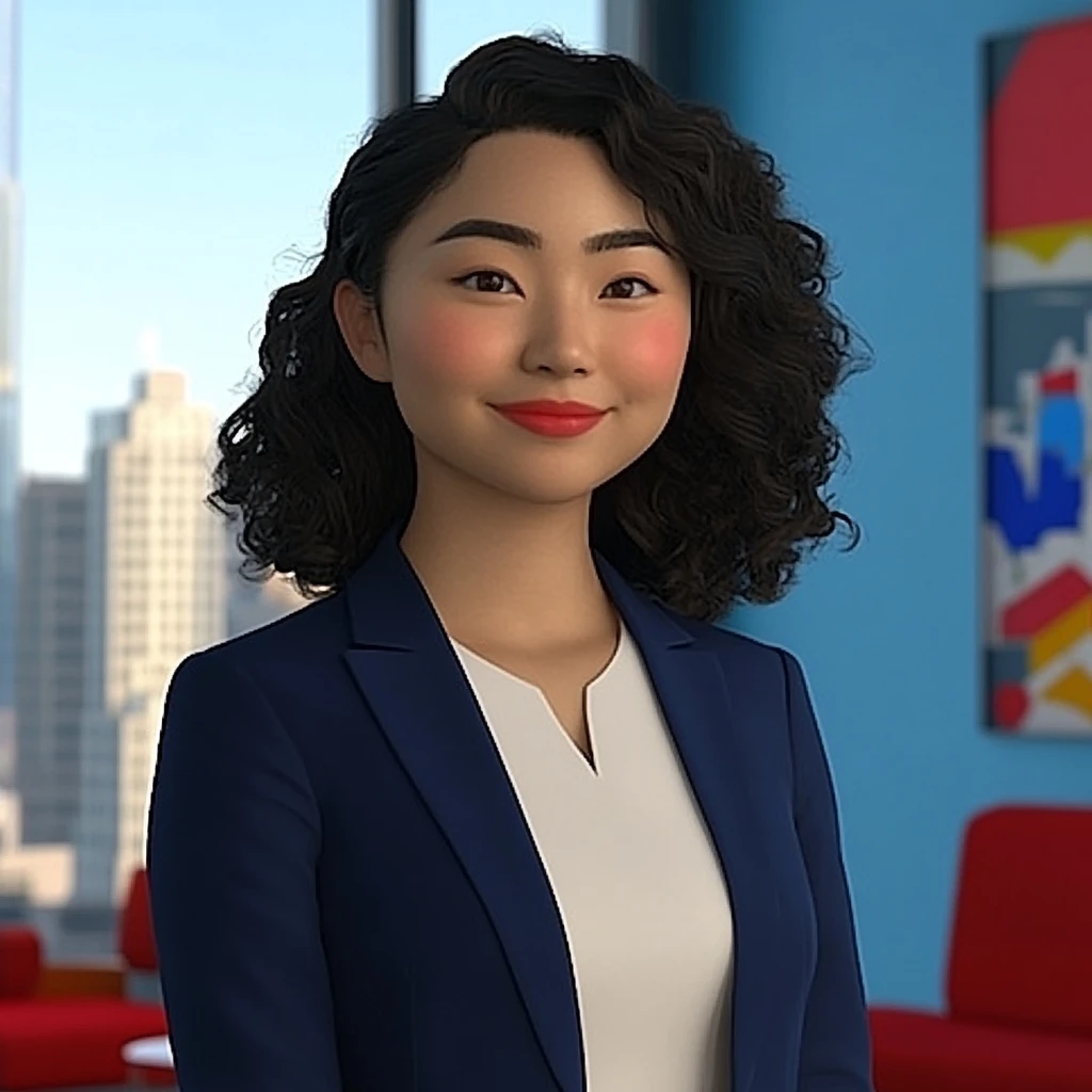 Woman Curly Hair Blue Blazer White Top Office Cityscape 3d Animation