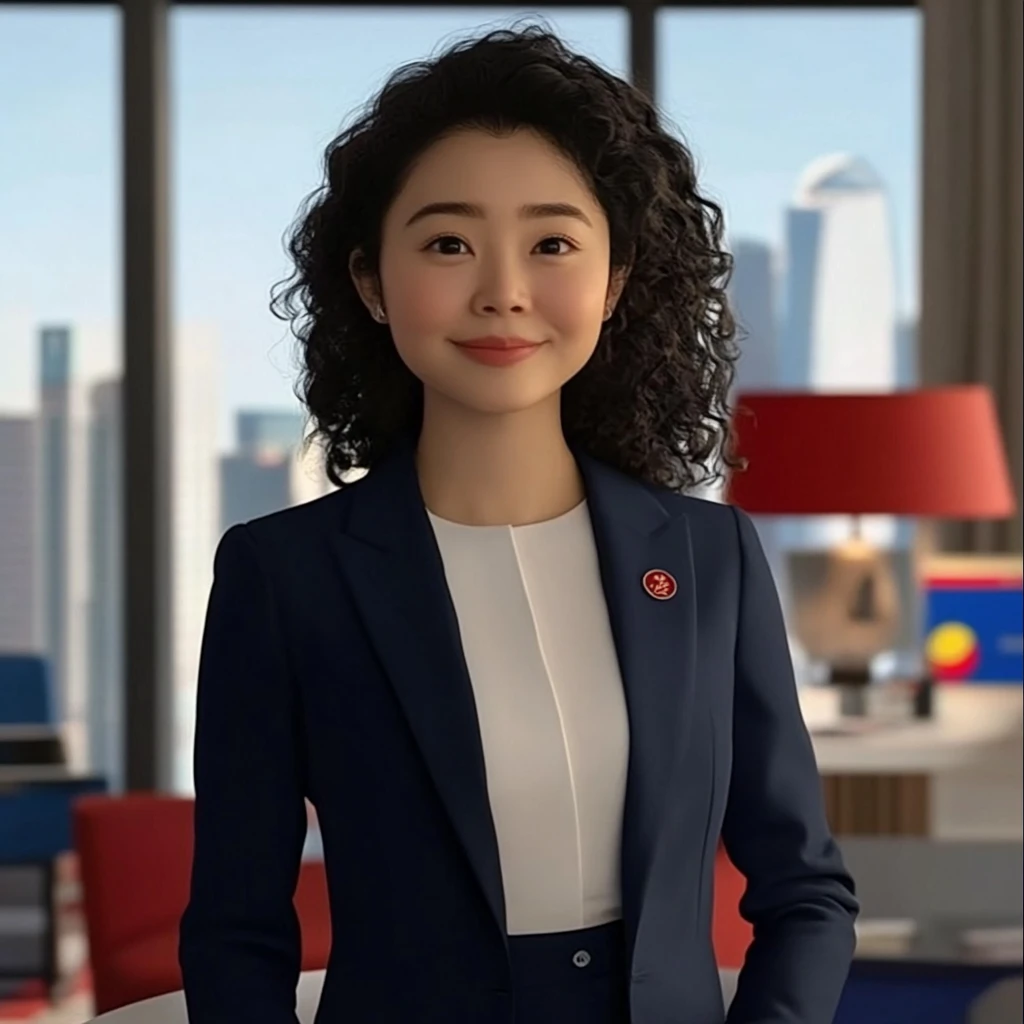 Woman Curly Hair Navy Blazer White Top Office Cityscape 3d Animation