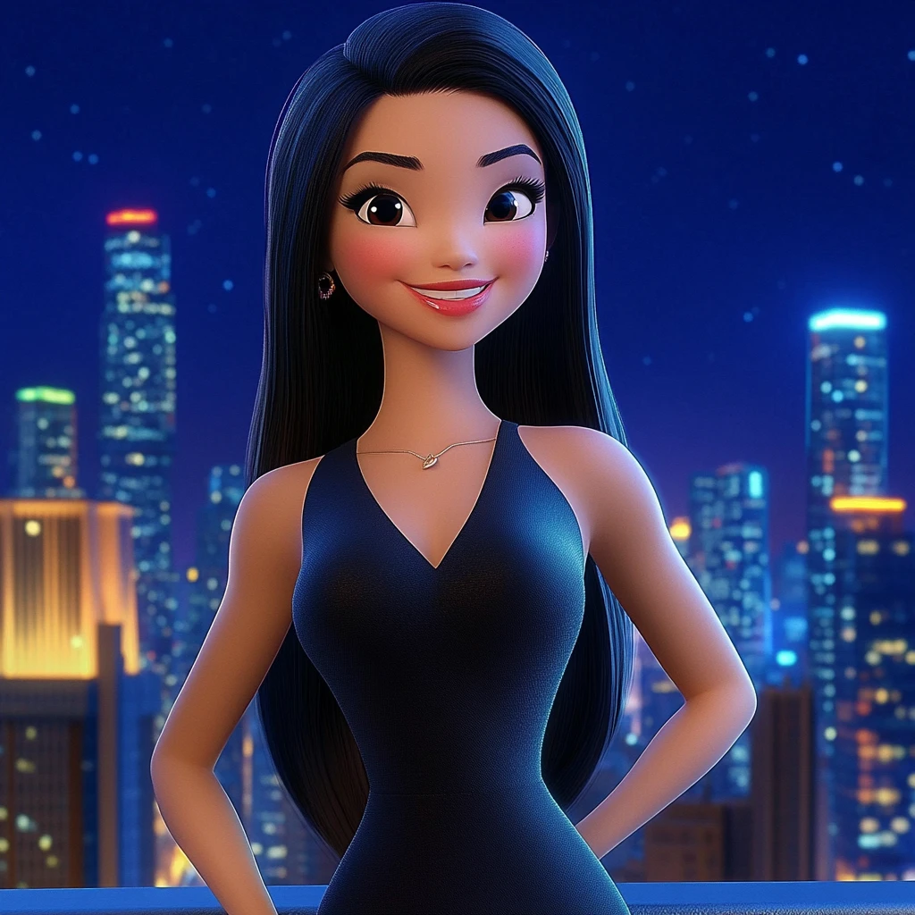 Woman Long Black Hair Black Dress City Night Sky 3d Animation