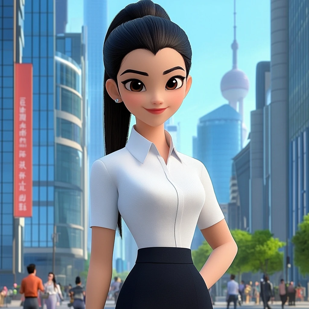 Woman Ponytail White Shirt Black Skirt Cityscape 3d Animation