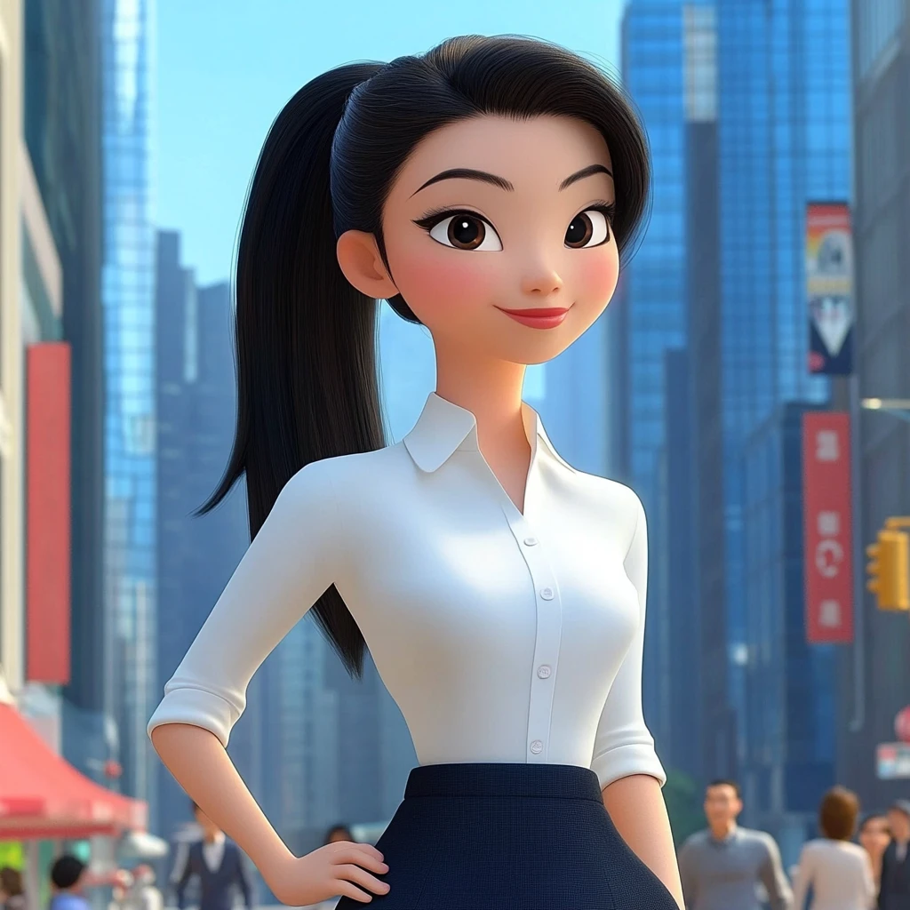 Woman Ponytail White Shirt Skirt City Street 3d Animation