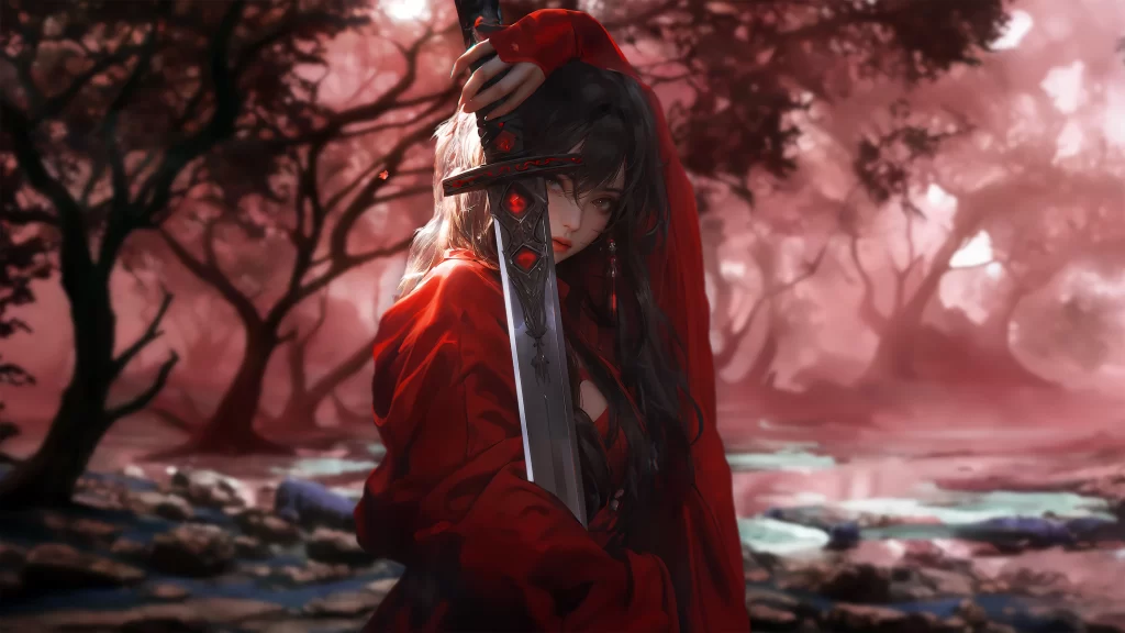 Woman Red Black Sword Fantasy
