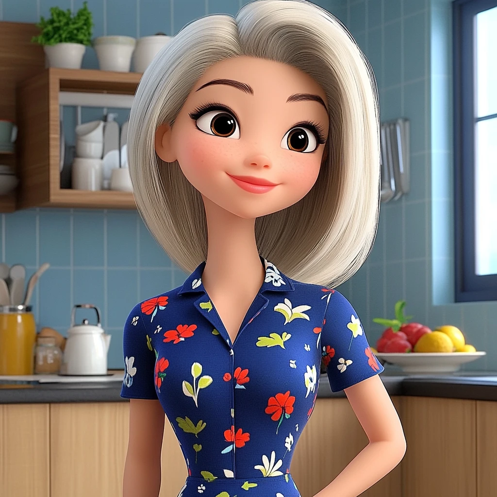 Woman Silver Hair Floral Dress Kitchen 3d Animation