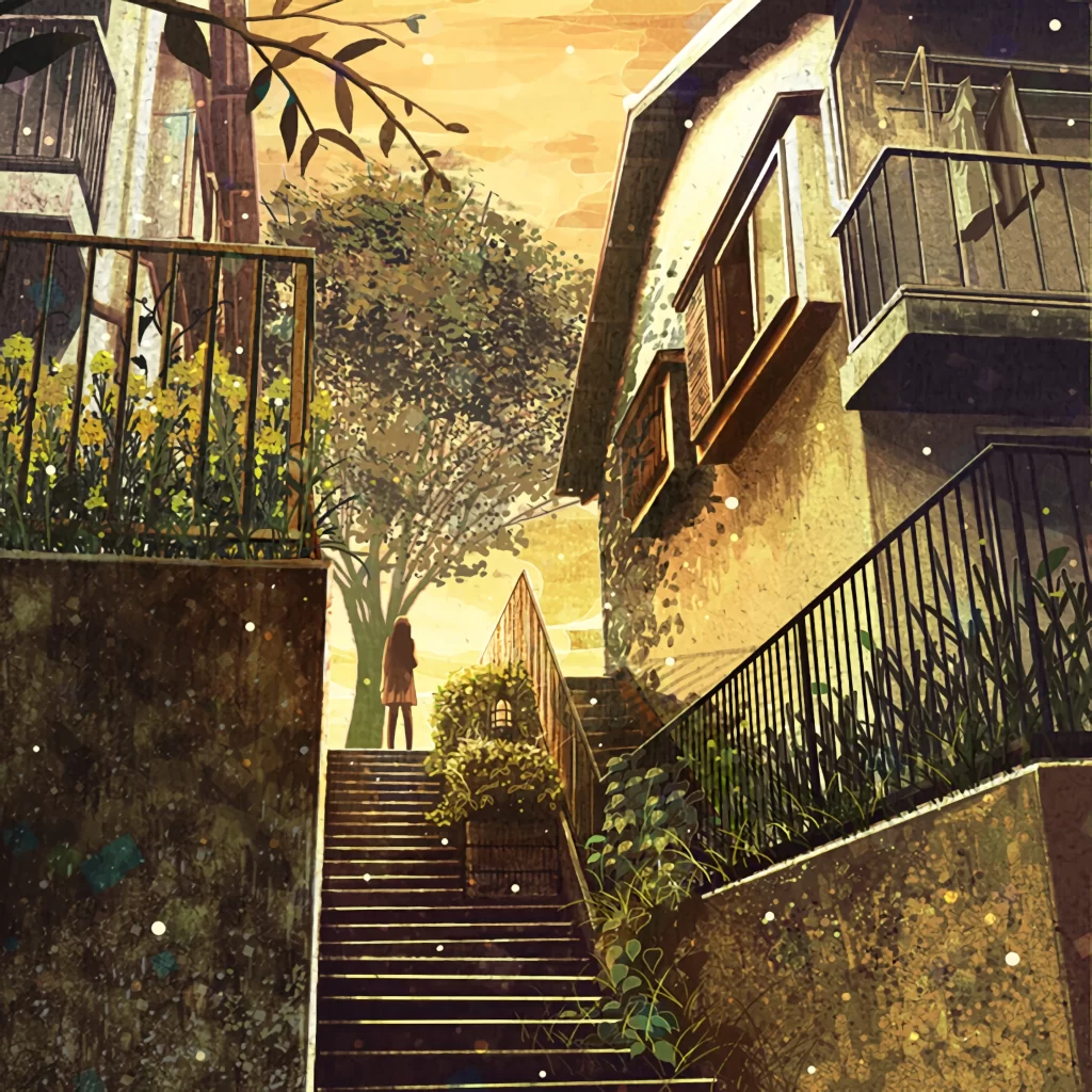 Woman Yellow Green Stairs Nature Urban