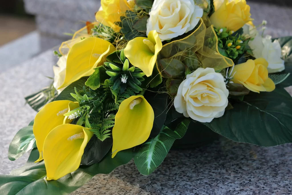 Yellow Calla Lily White Rose Petals Green Leaves