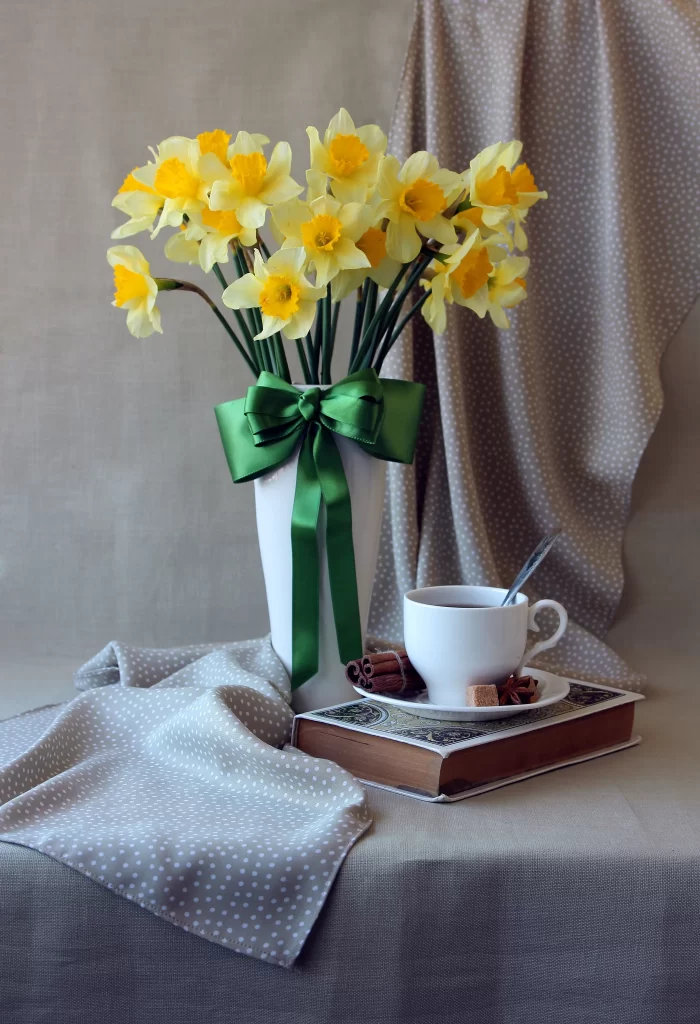 Yellow Daffodil Green Ribbon White Vase Cinnamon Book