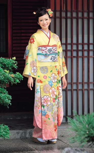 Yellow Floral Kimono Silk Cherry Blossom Elegant Ceremonial