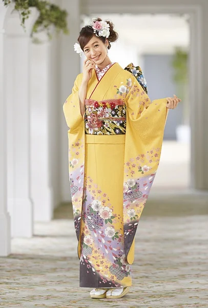 Yellow Floral Kimono Silk Cherry Blossom Elegant Ceremonial