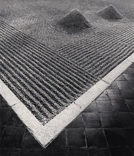Zen Garden Raked Sand Patterns Minimalist High Contrast Mysterious