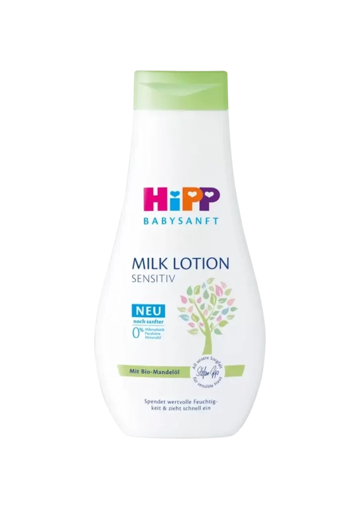 HiPP Milk Lotion Sensitiv White with green cap Baby Lotion Packaging