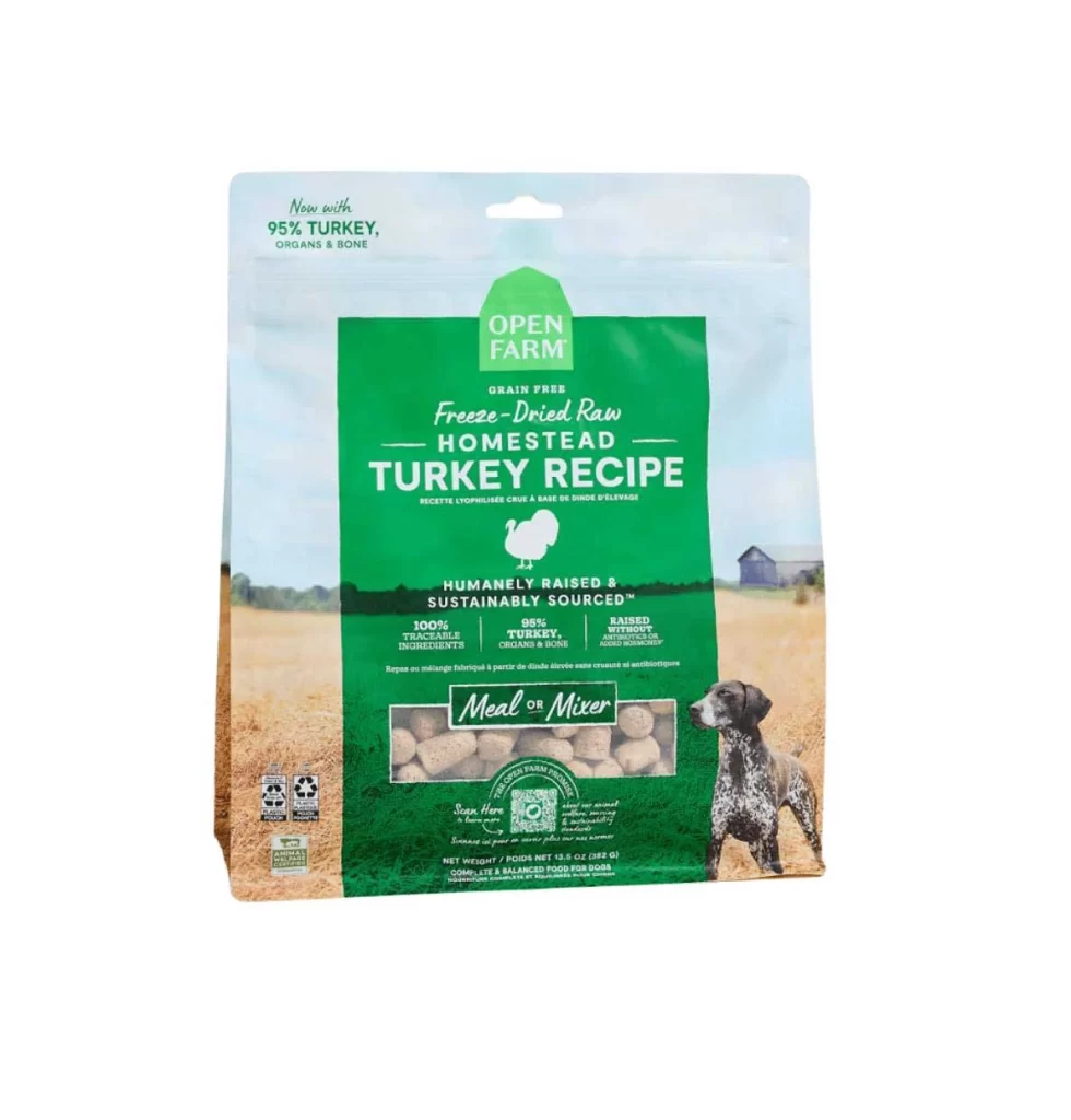 Open Farm Freeze-Dried Raw Homestead Turkey Recipe Freeze-Dried Dog Food Packaging