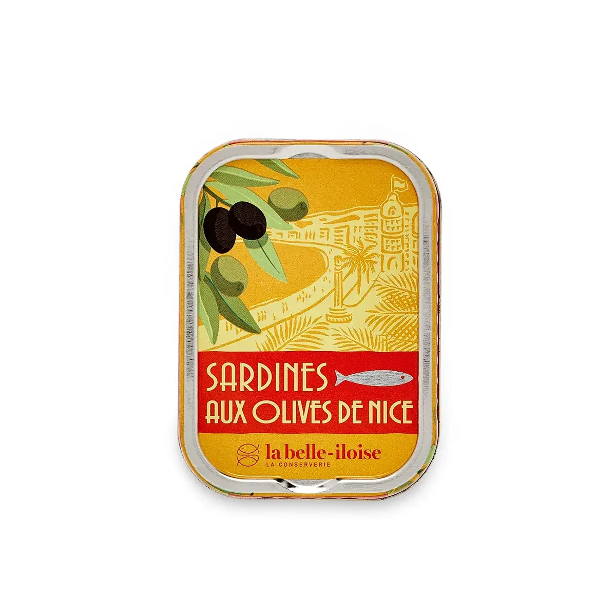 La Belle Iloise sardines with Nice olives yellow packaging design export version
