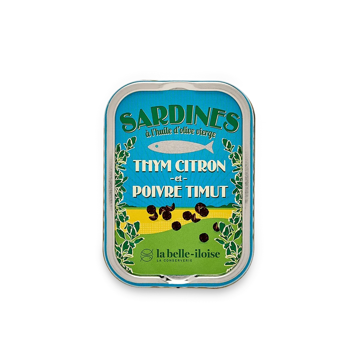 La Belle Iloise sardines with thyme lemon Timut pepper blue packaging design