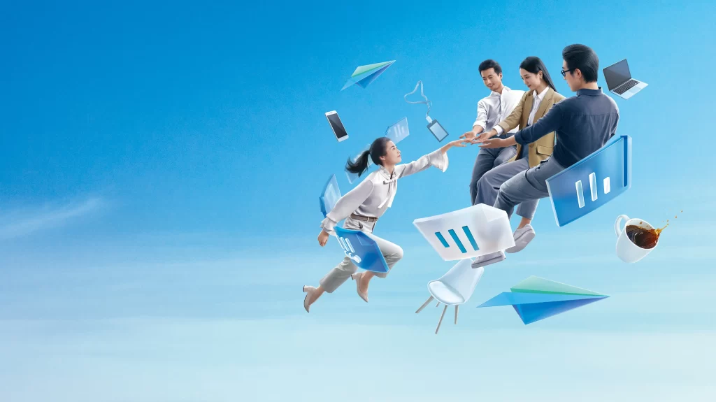 Cyan Flying People Silhouette