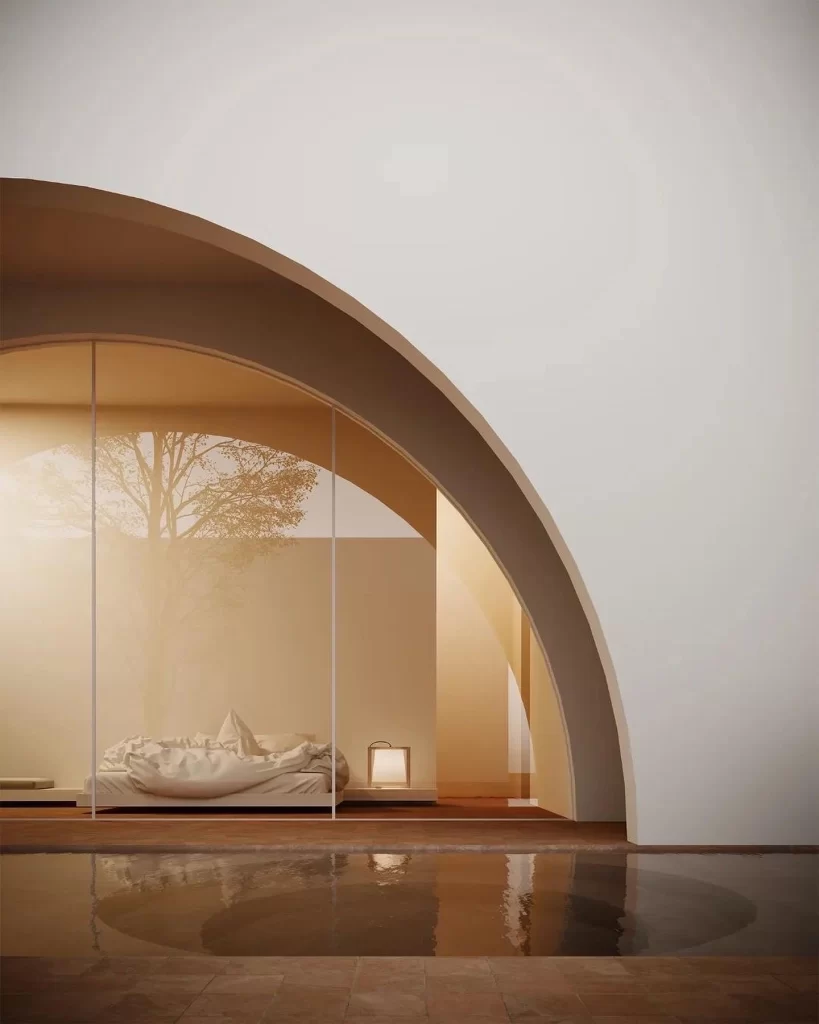Bedroom Arched Window 3D Beige